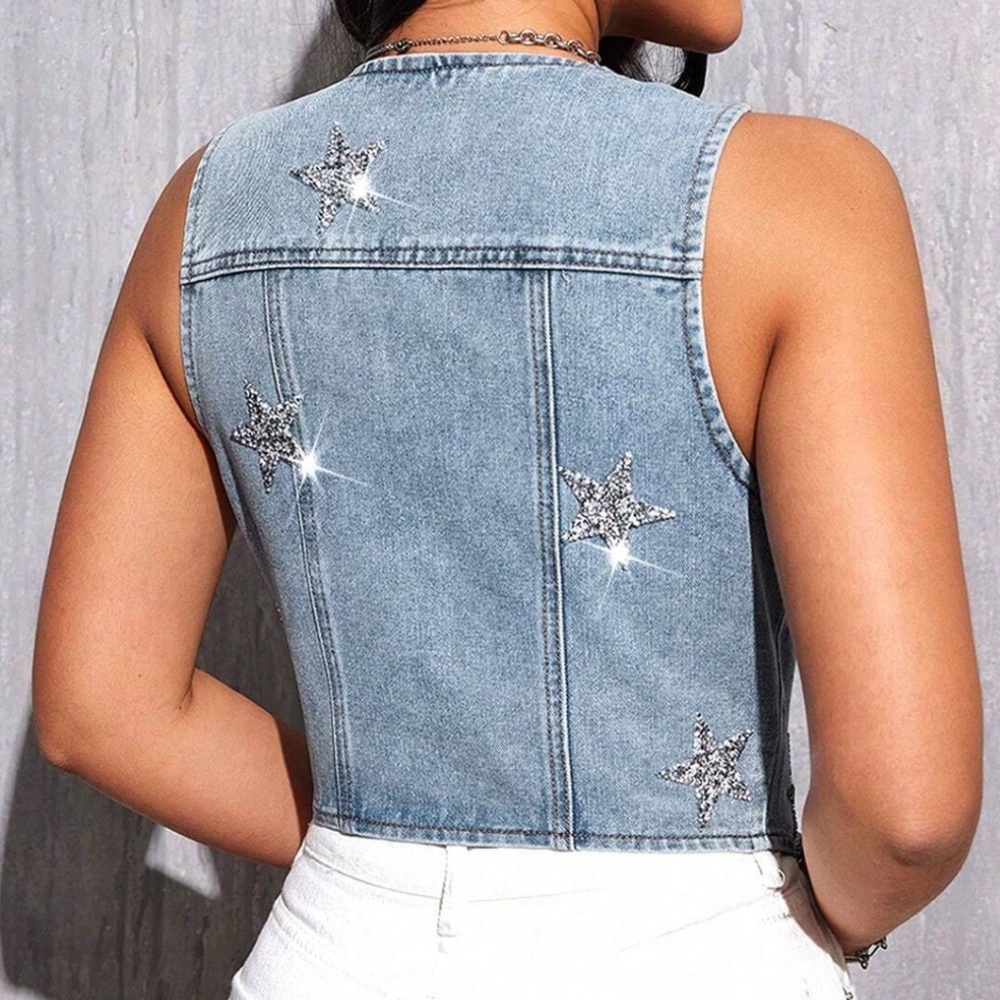 Dark Wash Blue Glitter Star Button Down Denim Jean Western Vest - Picture 4 of 12